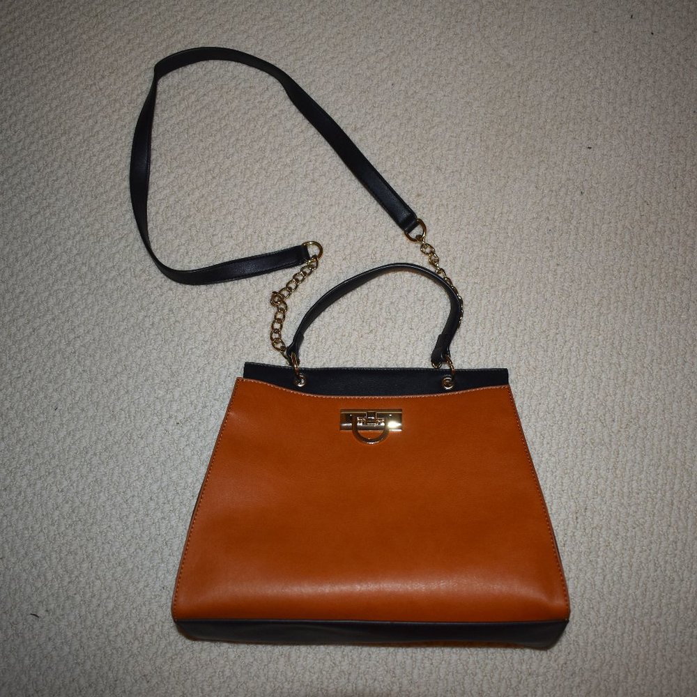 JUSTFAB Short & Long Strap Handbag - Black/Cognac